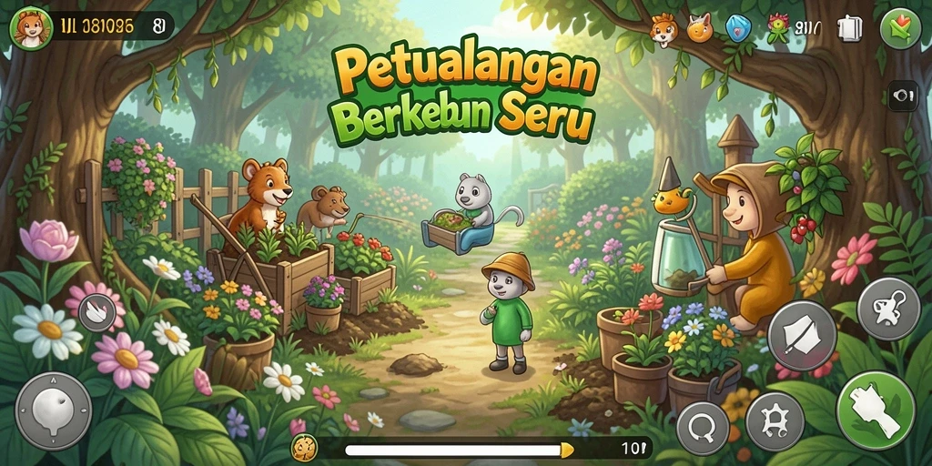Screenshot gameplay 8II yang menampilkan kebun yang rimbun.