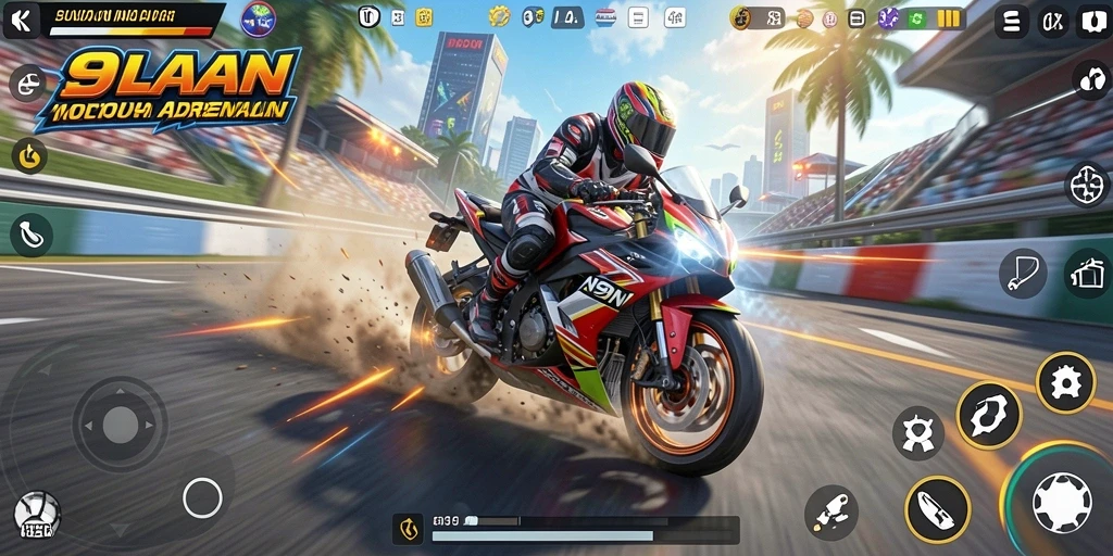 Screenshot gameplay 9N9N menampilkan balapan motor dengan aksi mendebarkan.