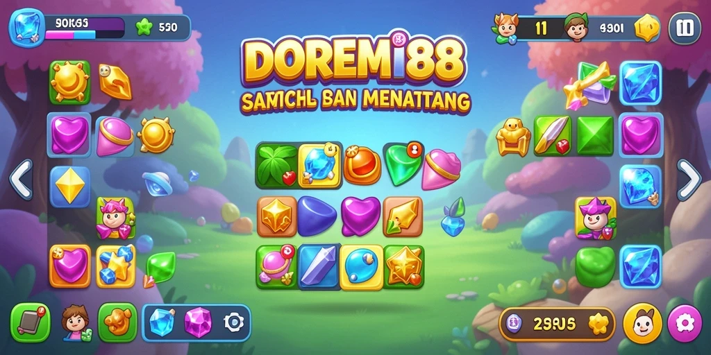 Screenshot DOREMI88 menampilkan gameplay Match-3 yang seru dan colorful.