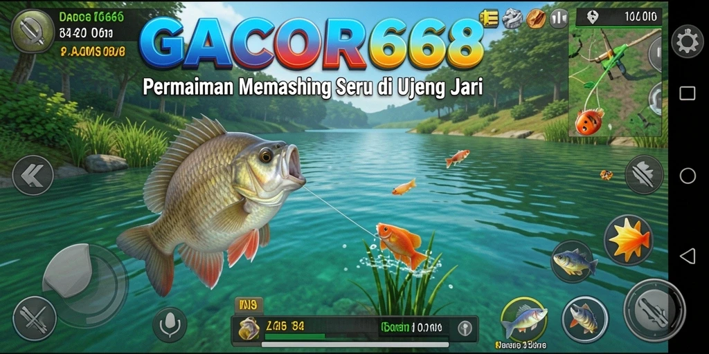 Tampilan gameplay <strong>GACOR668</strong> dengan suasana memancing yang menenangkan.