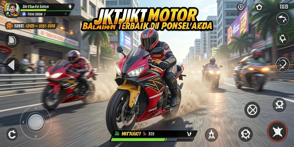 Screenshot gameplay JKTJKT menampilkan aksi balapan motor yang seru.