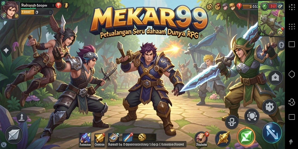 Tangkapan layar utama MEKAR99 menampilkan pertempuran epik dalam dunia RPG.