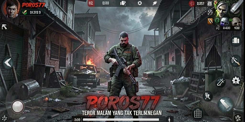 Tangkapan layar POROS77 dengan suasana mencekam dan gameplay seram.