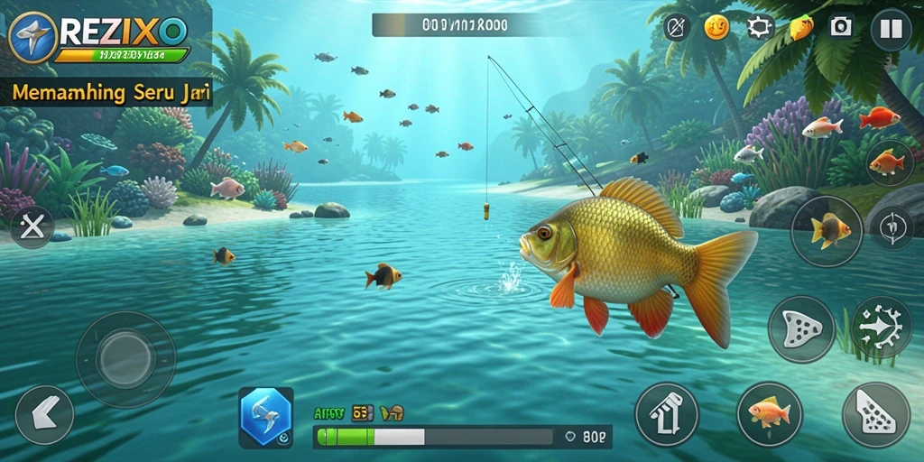 Gambar gameplay <strong>REZIXO</strong> menunjukkan momen menangkap ikan yang menegangkan.
